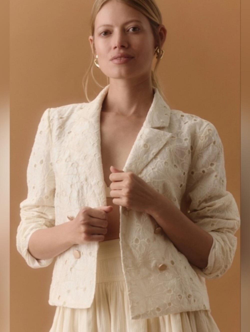 Dolan Anthropologie Cream Floral Eyelet Cropped Double-Breasted Blazer Size S